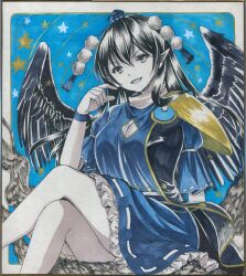 Rule 34 | 1girl, armor, black coat, black hair, blue dress, blue hat, breasts, cleavage, cleavage cutout, clothing cutout, coat, commentary request, crossed legs, dress, hair between eyes, hajike akira, hat, highres, iizunamaru megumu, long hair, open mouth, pauldrons, pointy ears, pom pom (clothes), shikishi, shoulder armor, shoulder guard, single pauldron, sleeveless, sleeveless coat, smile, solo, star (symbol), surcoat, tokin hat, touhou, traditional media