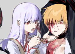 1boy 1girl blood blood_on_face body_markings cannibalism corruption dark_sakura dress fate/stay_night fate_(series) gilgamesh_(fate) heaven&#039;s_feel lioyu_f matou_sakura red_eyes ribbon school_uniform striped_clothes striped_dress