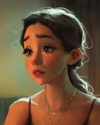 1girl backlighting black_hair blurry blurry_background braid brown_eyes highres jewelry long_hair messy_hair necklace open_mouth original sam_yang single_braid solo spaghetti_strap worried