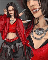 Rule 34 | 1girl, black hair, blackpink, commentary, cowboy shot, english commentary, fake nails, glint, grey background, highres, jacket, jennie (blackpink), jewelry, k-pop, long hair, multiple views, navel, necklace, pink lips, real life, red jacket, smile, solo, sum iiart, sunglasses
