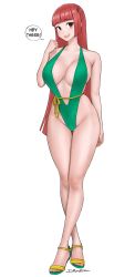 Rule 34 | 1girl, absurdres, aki-chan (dismaiden), blunt bangs, blunt ends, breasts, brown eyes, crossed legs, dismaiden, english text, full body, highres, large breasts, long hair, open mouth, original, red hair, sandals, signature, slingshot swimsuit, smile, solo, swimsuit