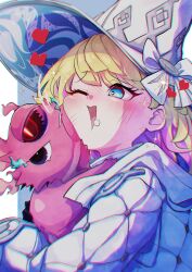 1girl absurdres blonde_hair blue_eyes blush breasts c_civciv diabellze_the_original_sinkeeper dress duel_monster hair_between_eyes hat highres hug long_hair multicolored_hair pet purple_hair smile snake-eyes_poplar streaked_hair upper_body white_dress witch_hat yu-gi-oh!