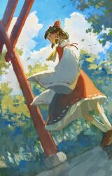 1girl ascot blue_sky bow brown_hair day dress fjsmu frilled_bow frills hair_bow hair_tubes hakurei_reimu highres outdoors red_bow red_dress red_eyes sky socks solo sweatdrop touhou tree very_long_sleeves white_socks wide_sleeves yellow_ascot