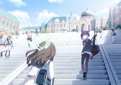 6+girls airi_(blue_archive) animal_ears assault_rifle bag black_bag black_hair black_pantyhose black_socks blonde_hair blue_archive blue_halo blue_sailor_collar bren_lmg brown_hair brown_shoes cat_ears cat_girl closed_mouth colored_inner_animal_ears colored_inner_hair european_architecture extra_ears from_behind game_cg green_shoes gun halo hand_in_pocket highres holding holding_bag holding_gun holding_weapon kazusa_(blue_archive) kneehighs light_machine_gun machine_gun multicolored_hair multiple_girls non-web_source official_art pantyhose pink_eyes pink_hair pink_halo pleated_skirt rifle sailor_collar shirt shoes skirt smile sneakers socks thighhighs weapon white_halo white_shirt white_skirt white_thighhighs yellow_halo