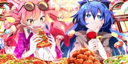 2girls bangle blue_bow blue_eyes blue_hair blush bow bracelet bright_pupils chandelier closed_mouth commentary cup drill_hair drinking_glass earrings eating english_commentary eyewear_on_head fang food food_request french_fries game_cg grey_hoodie hair_between_eyes hair_bow happy highres holding holding_cup holding_food holding_pizza hood hoodie ixy jewelry long_hair long_sleeves multiple_girls official_art open_mouth pink_hair pizza pizza_slice poker_chip round_eyewear short_sleeves siblings sisters skin_fang smile third-party_source touhou touhou_lostword twin_drills very_long_hair white_pupils wide_sleeves wine_glass yorigami_jo&#039;on yorigami_shion