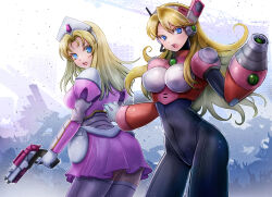 2girls alia_(mega_man) arm_cannon black_bodysuit blonde_hair blue_eyes blurry blurry_background bodysuit commission cowboy_shot dress gun highres holding holding_gun holding_weapon kiwakiwa long_hair mega_man_(series) mega_man_x2 mega_man_x_(manga) mega_man_x_(series) multiple_girls pink_arm_warmers pink_dress pixiv_commission silkie_(mega_man) thighhighs weapon