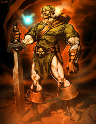 1boy beard blonde_hair boots cigar commentary epic facial_hair fairy genzoman gloves link male_focus manly master_sword muscular navi nintendo scabbard sheath shield shield_on_back smile smoking solo sword the_legend_of_zelda weapon