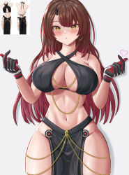 1girl :o absurdres armanditto bare_shoulders black_gloves blush breasts brown_hair chain cleavage cowboy_shot criss-cross_halter finger_heart gloves gold_chain gradient_hair grey_background halterneck highres hololive jewelry large_breasts long_hair looking_at_viewer mannequin multicolored_hair navel pelvic_curtain pink_hair roboco-san standing streaked_hair thighs two-tone_hair virtual_youtuber yellow_eyes yomorio_lingerie