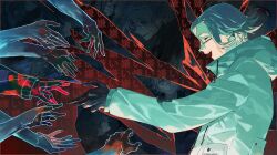 2boys :d ^_^ aotsuki_eito bbprism black_gloves closed_eyes from_side glasses gloves grey_hair hashtag-only_commentary highres jacket male_focus multiple_boys multiple_views open_mouth red_background short_hair smile spoilers sumino_takumi the_hundred_line_-last_defense_academy- upper_body white_jacket