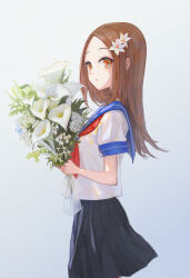 1girl black_skirt blue_sailor_collar bouquet brown_eyes brown_hair commentary_request flower grey_background hair_flower hair_ornament highres holding holding_bouquet karakai_jouzu_no_takagi-san kisei2 long_hair neckerchief parted_lips pleated_skirt puffy_short_sleeves puffy_sleeves red_neckerchief rose sailor_collar shirt short_sleeves simple_background skirt solo takagi-san white_flower white_rose white_shirt
