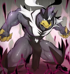 1boy bara bear_boy covered_abs energy fighting_stance fingernails furry furry_male gen_8_pokemon grey_fur highres ig1119 legendary_pokemon male_focus multicolored_fur muscular nintendo pelvic_curtain pokemon pokemon_(creature) sharp_fingernails short_hair solo spread_legs sweat urshifu urshifu_(single)