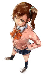 Rule 34 | 1girl, black socks, blue skirt, bow, bowtie, brown eyes, brown hair, brown shoes, closed mouth, collared shirt, commentary request, dot nose, eyelashes, from above, full body, futami mami, hair between eyes, hair ornament, hair scrunchie, hands on own hips, happy, idolmaster, idolmaster (classic), jacket, kneehighs, lips, long hair, long sleeves, looking ahead, miniskirt, pink jacket, pleated skirt, red bow, red bowtie, school uniform, scrunchie, shirt, shoes, side ponytail, simple background, skirt, sleeves past wrists, smile, socks, solo, standing, sweater jacket, uwabaki, white background, white scrunchie, white shirt, yae (mono110)