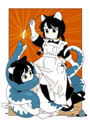 Rule 34 | 2girls, akai sashimi, animal, animal ears, apron, artist name, biting, black dress, black hair, black shoes, bow, braid, cat ears, closed mouth, collared dress, colored skin, dress, eel, full body, hair bow, holding, holding animal, long hair, mary janes, multiple girls, original, shoes, single braid, standing, swept bangs, three-quarter sleeves, white apron, white bow, white skin, yurie mouth