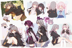 !? 5girls ? absurdres alternate_costume bandaid bandaid_on_leg black_boots black_cat black_hairband black_shirt black_skirt black_thighhighs boots cat chibi closed_eyes closed_mouth crying eyewear_on_head firefly_(honkai:_star_rail) flying_sweatdrops grey_hair hairband high_heels highres holding_hands honkai:_star_rail honkai_(series) kafka_(honkai:_star_rail) looking_at_another march_7th_(honkai:_star_rail) multiple_girls multiple_views purple_cat purple_eyes purple_hair raccoon ruan_mei_(honkai:_star_rail) school_uniform shirt simple_background skirt sleeping spoken_question_mark stelle_(honkai:_star_rail) thighhighs trailblazer_(honkai:_star_rail) yajuu yellow_eyes zzz