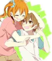 1boy 1girl amamiya_hibiya blonde_hair blush brown_hair hetero hug hug_from_behind kagerou_project kisaragi_momo long_hair me_81 short_hair side_ponytail smile vocaloid yamaha