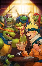 5boys biceps blonde_hair bowl chopsticks commentary crossover david_nakayama donatello_(tmnt) dumpling facial_mark fewer_digits fingerless_gloves flak_jacket food forehead_protector gloves highres holding holding_chopsticks holding_food holding_pizza jacket jiaozi konohagakure_symbol leonardo_(tmnt) male_focus mask michelangelo_(tmnt) multiple_boys naruto_(classic) naruto_(series) noodles official_art pizza pizza_slice ramen raphael_(tmnt) scarf second-party_source smile teenage_mutant_ninja_turtles turtle_boy turtle_shell uzumaki_naruto whisker_markings