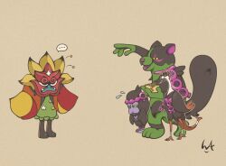 ... 1girl 3boys :3 animal_ears animal_focus artist_request bird box colored_sclera dog_ears fezandipiti gen_9_pokemon grin holding holding_box legendary_pokemon looking_at_another mask multiple_boys munkidori nintendo no_humans ogerpon ogerpon_(hearthflame_mask) okidogi pokemon pokemon_(creature) simple_background smile standing wings yellow_sclera