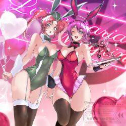 2girls adapted_uniform animal_ears artist_name balloon bow bowtie breasts cleavage commentary_request detached_collar english_text fishnet_thighhighs fishnets garter_straps gundam gundam_seed gundam_seed_destiny heart heart_balloon holding holding_balloon holding_hands holding_tray leotard lunamaria_hawke meyrin_hawke minakami_monaka mixed-language_text multiple_girls narrow_waist one_eye_closed pink_hair playboy_bunny pleated_skirt purple_hair rabbit_ears short_hair skirt skirt_under_leotard thighhighs tray twintails twitter_username watermark zaku_warrior_lunamaria_custom