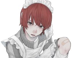 1boy aegyo_sal apron bandaid bandaid_on_leg eyes_visible_through_hair frilled_apron frills grey_eyes grey_jacket grey_pants hair_over_eyes jacket looking_at_viewer maid_apron maid_headdress male_focus original pants parted_lips red_hair shirt short_hair simple_background slit_pupils socks solo track_jacket upper_body uyumint white_apron white_background white_shirt white_socks