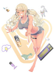 1girl absurdres barefoot blonde_hair bracelet breasts can cat cleavage commentary_request computer_keyboard computer_mouse dark-skinned_female dark_skin full_body grey_shorts grin hachimitsu_shitate highres jewelry kaminari_qpi long_hair looking_at_viewer navel necklace orange_eyes orange_nails ring shorts smile solo tank_top thigh_strap v virtual_youtuber vspo!