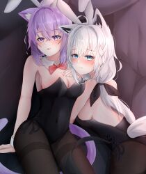 2girls absurdres ahoge animal_ear_fluff animal_ears black_leotard black_pantyhose blush bow bowtie braid breasts cat_ears cat_girl cat_tail cleavage commentary_request detached_collar earrings fake_animal_ears fox_ears fox_girl fox_tail green_eyes hair_between_eyes highres hololive jewelry leotard long_hair looking_at_viewer medium_breasts multiple_girls nekomata_okayu original pantyhose playboy_bunny purple_eyes purple_hair rabbit_ears shirakami_fubuki sidelocks single_braid smile st-147 tail virtual_youtuber white_hair wrist_cuffs