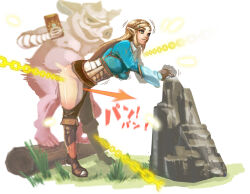1boy 1girl arrow_(symbol) blonde_hair bokoblin chain goblin helpless hetero interspecies log long_hair monster nintendo outdoors pointy_ears princess princess_zelda rape rock sex sex_from_behind stasis_(rune) the_legend_of_zelda the_legend_of_zelda:_breath_of_the_wild
