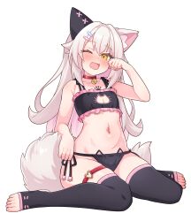 1girl :d animal_ears black_bra black_panties bra breasts cat_cutout cat_ear_panties cat_ears cat_girl cat_lingerie cat_tail clothing_cutout collar fang full_body highres long_hair looking_at_viewer meme_attire navel open_mouth original panties paw_print_tattoo prosthetic_ear rubbing_eyes simple_background sitting skin_fang sleepy small_breasts smile stomach tail tears ug_(nekonekodou) underwear underwear_only wariza white_background white_hair yellow_eyes