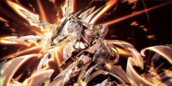 1girl armored_boots bare_shoulders body_markings boots breasts chromatic_aberration clenched_hand closed_mouth colored_eyelashes commentary_request erdos_helia_(planar_armament:_warped_spacetime) hair_intakes headgear highres honkai_(series) honkai_impact_3rd knee_boots large_breasts long_hair looking_at_viewer maoh_yueer navel red_pupils solo stomach thighs very_long_hair white_eyelashes white_hair yellow_eyes