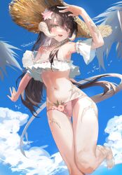1girl absurdres artist_name au_ra bare_shoulders bikini breasts brown_eyes brown_hair cleavage detached_sleeves dragon_girl dragon_horns dragon_tail final_fantasy final_fantasy_xiv flower frilled_tankini hair_flower hair_ornament hat highres horns long_hair looking_at_viewer medium_breasts navel pink_bikini sandals scales shikina_(mochigushi_) signature solo stomach straw_hat sun_hat swimsuit tail warrior_of_light_(ff14) white_bikini