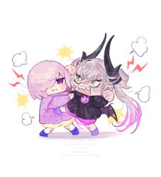 Rule 34 | 2girls, black shirt, blue shoes, chibi, chibi only, clenched hands, closed mouth, colored extremities, crossed bangs, demon girl, demon horns, fate/grand order, fate (series), fighting, green eyes, grey hair, hair around horn, highres, horns, kicking, lightning bolt symbol, lilith (fate), long hair, long sleeves, looking at another, mash kyrielight, multiple girls, open mouth, pink shorts, pointy ears, purple eyes, purple hair, purple shirt, purple shoes, sharp teeth, shirt, shoes, short hair, shorts, sugomori tsuru (hana tsuru wo), teeth, twintails, upper teeth only, very long hair, watermark, white background, yellow shorts