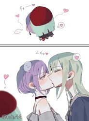 2girls amoris_(bang_dream!) bang_dream! bang_dream!_it&#039;s_mygo!!!!! bare_shoulders black_choker blue_shirt blush choker closed_eyes commentary ear_blush earrings green_hair grey_sailor_collar grey_shirt hat heart highres jewelry kiss long_hair mdin4k mortis_(bang_dream!) mortis_(costume)_(bang_dream!) multiple_girls off-shoulder_shirt off_shoulder pink_eyes purple_hair red_hat sailor_collar school_uniform shirt short_hair simple_background spoken_blush spoken_heart tsukinomori_school_uniform twitter_username wakaba_mutsumi wakaba_mutsumi_(doll) white_background yuri yuutenji_nyamu