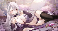 1girl babydoll bare_shoulders black_thighhighs blush breasts cleavage collarbone feet_out_of_frame flower grand_archive highres large_breasts lingerie long_hair long_sleeves looking_at_viewer lying merlin_(grand_archive) mole mole_under_eye navel off_shoulder on_side panties parted_lips pillow purple_babydoll purple_panties solo staff stomach thighhighs thighs underwear white_hair yellow_eyes yukineko1018