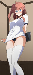 1girl @_@ alternate_costume arm_behind_back bad_id bad_pixiv_id blue_buruma blue_eyes blush book breasts brown_hair buruma closed_mouth flying_sweatdrops gym_uniform hair_between_eyes high_side_ponytail highres holding holding_book indoors kantai_collection large_breasts long_hair nel-c ponytail saratoga_(kancolle) shirt side_ponytail solo thighhighs white_shirt white_thighhighs