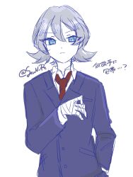 Rule 34 | bandaged arm, bandages, blue eyes, digimon, digimon ghost game, higashimitarai kiyoshiro, highres, looking at viewer, necktie, school uniform, senn re., short hair, simple background, translation request, white background, white hair