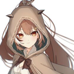 1girl blurry brown_capelet brown_cloak brown_eyes brown_hair capelet cleavage_cutout cloak clothing_cutout commentary depth_of_field ears_through_headwear english_commentary feather_hair_ornament feathers hair_lift hair_ornament hairclip hieroglyphics highres hololive hololive_english hood hood_up hooded_cloak long_hair looking_to_the_side multicolored_hair nanashi_mumei nanashi_mumei_(1st_costume) ponytail ribbon shirt smile streaked_hair very_long_hair virtual_youtuber white_shirt yuutomeh