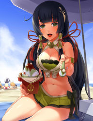 10s 1girl :d adapted_costume ahoge animalization arm_strap bare_legs barefoot beach beach_umbrella beans bikini bikini_skirt black_hair blanket blunt_bangs blurry blush bowl breasts cannon cherry cleavage cloud crossover darkmaya day depth_of_field eyelashes feeding food food_request front-tie_top fruit gen_1_pokemon godzilla godzilla_(series) godzilla_(shin) green_bikini green_eyes hair_ornament hair_ribbon hair_tubes holding holding_spoon ice_cream incoming_food japanese_clothes jewelry kantai_collection lace lace-trimmed_panties lace_trim lifebuoy long_hair looking_at_viewer medium_breasts miniskirt mizuho_(kancolle) monster mutsu_(kancolle) mutsu_(kantai_collection) mutsu_(snail) nail_polish navel nintendo open_mouth outdoors panties paras pink_nails pleated_skirt pokemon pokemon_(creature) pov_feeding prinz_eugen_(kancolle) red_bean_paste red_ribbon ribbon ring sand shade shaved_ice shimakaze_(kancolle) shin_godzilla ship_turret signature sitting skirt sky smile solo_focus spoon stomach swim_ring swimsuit tassel ujikintoki umbrella underwear very_long_hair yokozuwari