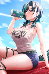 1girl absurdres aqua_hair arm_support belt black_hair blue_shorts blue_sky bottle breasts car cloud collarbone day denim denim_shorts highres hololive hololive_dev_is hot large_breasts lens_flare looking_at_viewer motor_vehicle multicolored_hair open_mouth outdoors purple_eyes red_eyes rindo_chihaya roomurariyuu short_shorts shorts sidelocks skindentation sky solo sweat tank_top thighs virtual_youtuber water_bottle white_hair white_tank_top