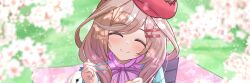 1girl animal_ears blurry blurry_background cherry_blossoms chopsticks closed_eyes closed_mouth commentary_request commission filkia food hair_ornament hanami hat highres horse_ears horse_girl looking_at_viewer matikane_tannhauser_(umamusume) medium_hair pixiv_commission pov smile solo umamusume