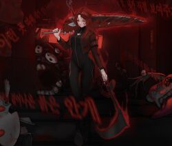 arc2urus armband black_bodysuit bodysuit brown_armband coat e.g.o_(project_moon) gebura_(project_moon) highres living_weapon lobotomy_corporation mimicry_(e.g.o) project_moon red_coat red_hair red_trim scar scar_across_eye scar_on_face
