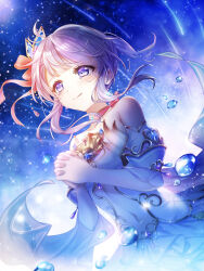 1girl baizu_(guszx) bare_shoulders blue_eyes breasts collarbone crying detached_sleeves dress from_below hair_ornament hair_ribbon navel night night_sky ponytail red_ribbon ribbon shironeko_project shooting_star short_hair short_ponytail sidelocks sky smile solo star_(sky) starry_sky streaming_tears tears tina_topia upper_body white_dress