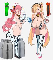 ! !! 2girls :d ;d ahoge animal_ear_hairband animal_ears animal_print asymmetrical_bangs bell bikini black_shoes blonde_hair blue_eyes blush bottle braid breasts breath butterfly_hair_ornament canister cleavage collar colored_shoe_soles commentary cow_ear_hairband cow_ears cow_horns cow_print cow_print_bikini cow_print_gloves cow_print_thighhighs cowbell drill_hair drill_ponytail drill_sidelocks ear_tag elbow_gloves english_commentary eyes_visible_through_hair fake_animal_ears front-tie_bikini_top front-tie_top furrowed_brow gauge gloves groin hair_ornament hair_over_one_eye hair_over_shoulder hairband halterneck hands_up heavy_breathing high_heels highres holding holding_milk_carton horns huge_breasts large_breasts leg_up long_bangs long_hair looking_at_viewer magister milk milk_bottle milk_carton mole mole_on_breast mole_on_neck multiple_girls navel nervous_sweating o-ring o-ring_bikini one_eye_closed open_mouth original pandora_smith_(magister) parted_bangs pink_collar pink_hair pink_shoes pink_streaks print_bikini print_gloves print_thighhighs red_collar sakuraba_himari_(magister) shoes side-tie_bikini_bottom side_braid sidelocks skindentation smile sparkle standing standing_on_one_leg string_bikini sweat swimsuit teeth thick_thighs thighhighs thighs twintails upper_teeth_only very_long_hair white_background