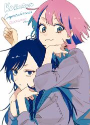 2girls blue_eyes blue_hair closed_mouth colored_inner_hair commentary_request diagonal-striped_clothes diagonal-striped_necktie english_text expressionless hands_on_own_chin head_rest highres index_finger_raised jacket kororon_(song) light_smile ligton1225 long_hair looking_at_viewer multicolored_hair multiple_girls necktie okami-chan_(kororon) pink_hair short_hair striped_clothes tora-chan_(kororon) white_background