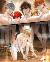... 2koma 6+boys accident aether_(genshin_impact) ahoge alhaitham_(genshin_impact) barefoot blonde_hair blush bucket closed_mouth clumsy comic covering_own_mouth diluc_(genshin_impact) earrings feather_hair_ornament feathers from_below genshin_impact grey_hair hair_between_eyes hair_ornament hand_over_own_mouth highres imminent_rape jewelry kaveh_(genshin_impact) male_focus multiple_boys naked_towel nipples on_one_knee open_mouth orange_hair parted_lips pectorals pnk_crow puffy_nipples red_hair rubber_duck short_hair sidelocks single_earring soap soap_bubbles speech_bubble steam sweat sweatdrop tartaglia_(genshin_impact) toes towel towel_around_waist towel_on_head wooden_bucket wooden_floor zhongli_(genshin_impact)