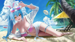 1girl ahoge beach bikini blue_hair breasts cleavage cloud elf full_body gradient_hair heart heart_ahoge high_ponytail highres hololive jacket large_breasts long_hair lying multicolored_hair ocean on_side palm_tree pink_bikini pink_hair pointy_ears ponytail sand single_bare_shoulder single_off_shoulder solo_focus swimsuit torjun_111 tree two-tone_hair virtual_youtuber white_jacket yellow_eyes yukihana_lamy yukimin_(yukihana_lamy)