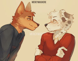 2boys animal_ears artist_name black_shirt brown_fur chase_(paw_patrol) commentary crossed_arms dog_boy dog_ears dog_nose english_commentary english_text floppy_ears furry furry_male highres long_sleeves looking_at_another male_focus marshall_(paw_patrol) mercywashere multiple_boys paw_patrol red_shirt shirt spotted_fur sweatdrop watermark white_fur