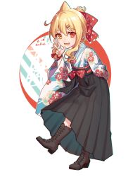 1girl arm_behind_back bilibili_956501 black_hakama blonde_hair boots bow child chinese_commentary commentary_request floral_print from_side full_body gift_art hair_between_eyes hair_bow hair_ornament hairclip hakama hand_up heterochromia highres indie_virtual_youtuber japanese_clothes kaofish kimono lace-up_boots long_bangs long_sleeves looking_at_viewer obi open_mouth patterned_background red_eyes sash second-party_source smile standing timestamp w white_background yellow_eyes