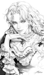androgynous curly_hair dated greyscale hand_up highres light_smile lips monochrome nose original realistic vlfdus_0