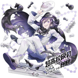 1boy arm_belt belt black_cape black_hat black_scarf black_shoes buttons cape character_name checkered_clothes checkered_scarf chess_piece chessboard clenched_teeth clown_mask collared_cape commentary_request danganronpa_(series) danganronpa_v3:_killing_harmony double-breasted full_body hair_between_eyes hand_on_own_hip happy hat high_collar holding holding_mask jacket layered_sleeves long_sleeves looking_at_viewer male_focus mask multicolored_shoes multiple_belts oma_kokichi open_belt open_mouth peaked_cap purple_cape purple_eyes purple_hair purple_shoes scarf shoes short_hair sitting sleeves_past_wrists smile solo teeth thigh_belt thigh_strap torn_cape torn_clothes torn_scarf two-sided_cape two-sided_fabric two-tone_scarf two-tone_shoes u_u_ki_u_u upper_teeth_only white_background white_belt white_jacket white_mask white_scarf white_sleeves