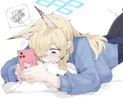1girl animal_ear_fluff animal_ears black_pantyhose blonde_hair blue_archive blue_shirt blue_skirt breasts frustrated gurenola holding holding_phone kanna_(blue_archive) large_breasts long_hair lying on_stomach pantyhose phone pillow pillow_bite sharp_teeth shirt skirt tearing_up teeth