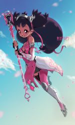 1girl bare_shoulders big_hair boots breasts cosplay dark-skinned_female dark_skin elbow_gloves female_focus fingerless_gloves floating full_body gloves hair_ornament hair_ribbon highres iris_(pokemon) leg_armor liline_(liline_01) long_hair mercy_(overwatch) mercy_(overwatch)_(cosplay) nintendo pink_eyes pink_mercy pleated_skirt pokemon pokemon_bw purple_hair ribbon skirt sky small_breasts smile solo staff thigh_boots thighhighs twintails zettai_ryouiki